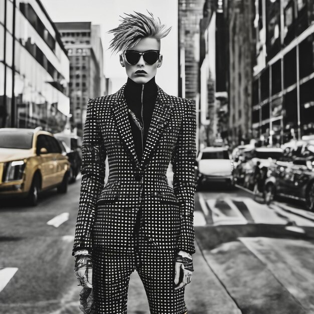 Photo a person wearing a suit and sunglasses is standing on a street