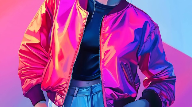 A person wearing a vibrant iridescent bomber jacket