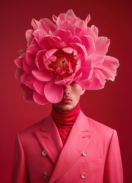 Photo a person wearing a vibrant pink suit with a large artificial flower as a headpiece against a solid red background the look is artistic and strikingly bold