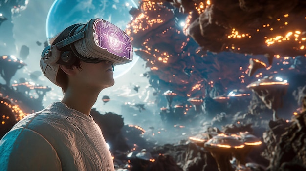 a person wearing a virtual reality goggles with the word alien on the face