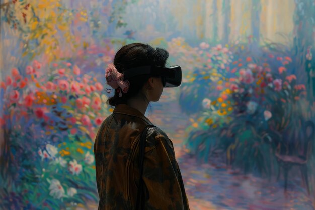 Photo person wearing a virtual reality headset experiences an immersive art exhibit with colorful floral paintings