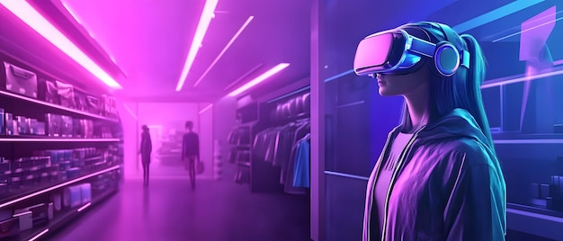 Photo a person wearing a virtual reality headset explores a modern space filled with colorful neon lights and technology