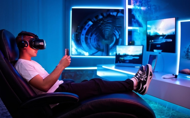 Photo a person wearing a virtual reality headset is sitting on a chair