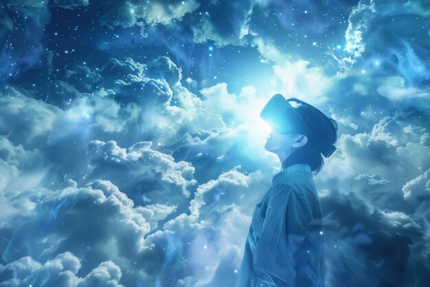 Photo person wearing virtual reality headset looking up at night sky