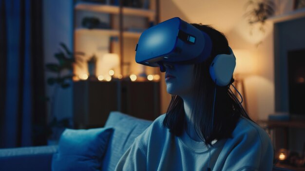 A person wearing a VR headset enjoys a virtual experience illuminated by the soft warm glow of evening lights in a cozy living room