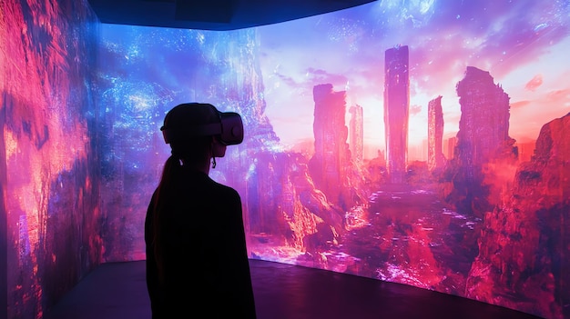 A person wearing VR headset experiencing a futuristic landscape in a virtual reality environment