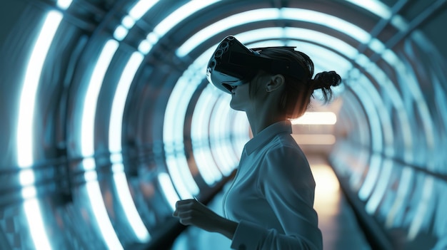 Photo a person wearing a vr headset explores a futuristic illuminated tunnel representing an immersive virtual world experience