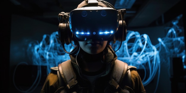 A person wearing a vr headset in front of a blue background