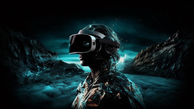 A person wearing a vr headset in front of a mountain.