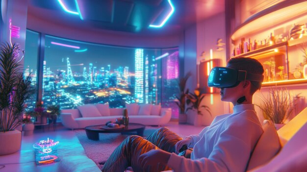 Photo a person wearing a vr headset in a futuristic lounge with a city skyline view