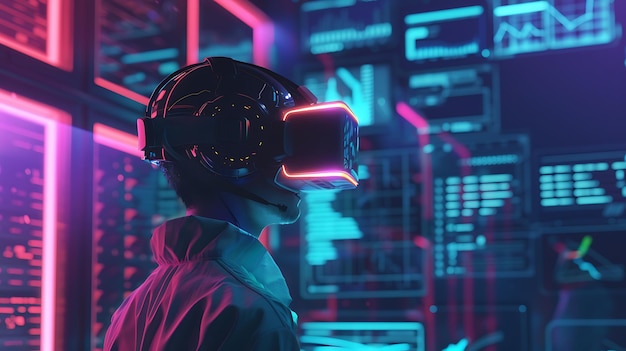 Person wearing VR headset in a futuristic neon lit environment