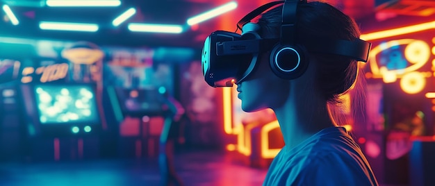 Photo person wearing vr headset for gaming