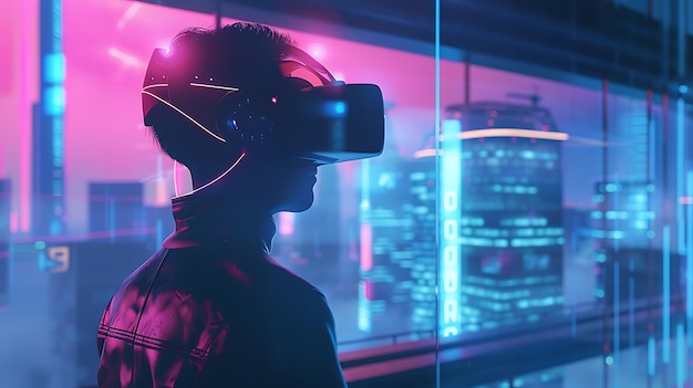 Person Wearing a VR Headset Looking Out a Window at a NeonLit Cityscape