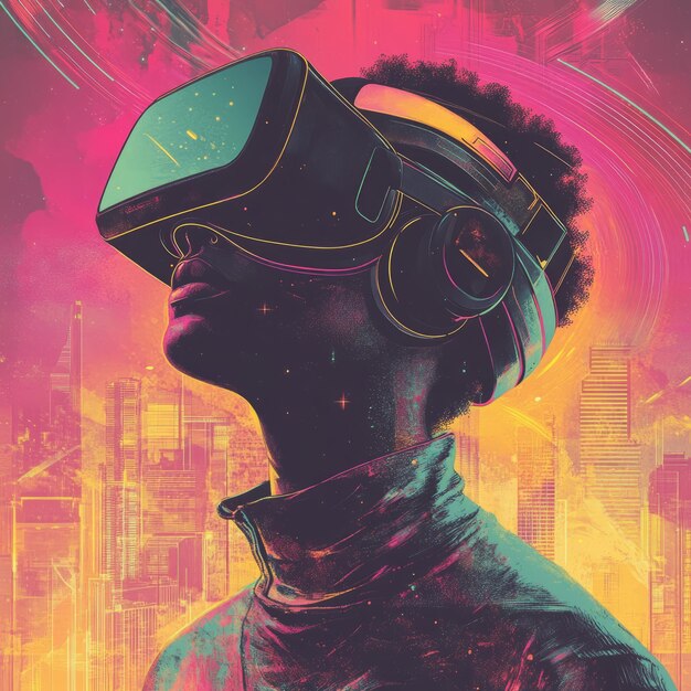 A person wearing a VR headset looks up at a city skyline with glowing pink and yellow colors