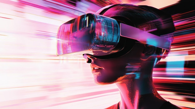 A Person Wearing a VR Headset in a Neon and Digital World