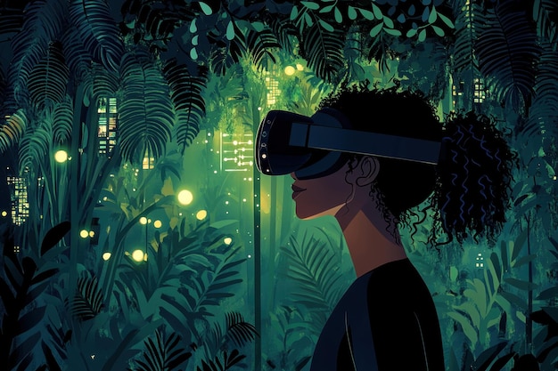 A person wearing a VR headset stands amidst a lush vibrant jungle environment