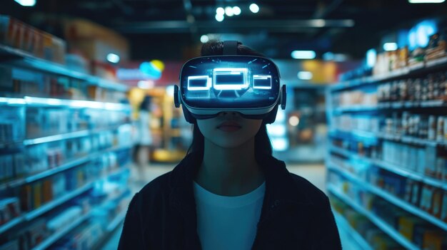 Photo person wearing vr headset with holographic products for cyber monday shopping experience