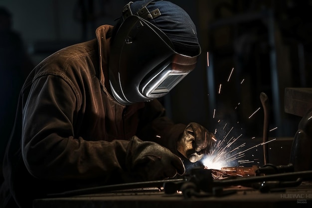 A person wearing a welding helmet and welding with a torch