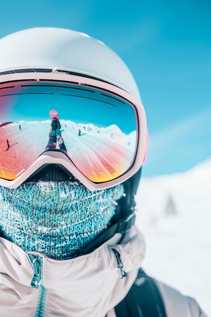 Photo a person wearing a white helmet and goggles is standing on a snowcovered slope