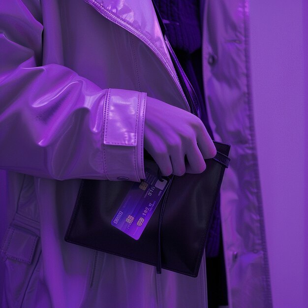 Photo person wearing a white jacket with a purple tag on it