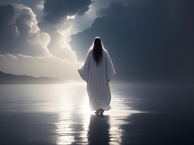 a person wearing a white robe with long hair was walking on the sea