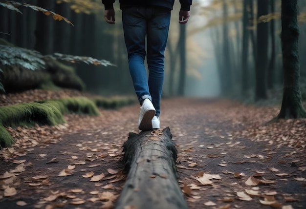 Person wearing white sneakers and blue jeans walking on a fallen log in a forest with fallen leaves