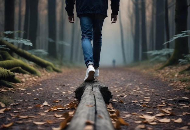 Person wearing white sneakers and blue jeans walking on a fallen log in a forest with fallen leaves