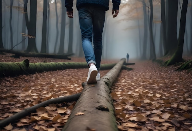 Person wearing white sneakers and blue jeans walking on a fallen log in a forest with fallen leaves