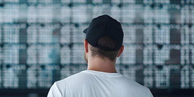 Photo a person wearing a white tshirt and black cap looks at a departure board concept travel airport departure board waiting adventure