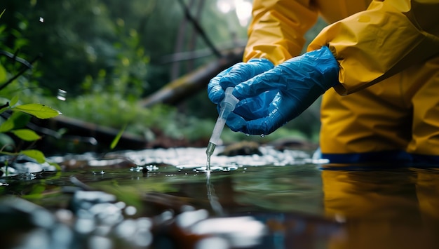 a person wearing a yellow raincoat is pouring water into a creek