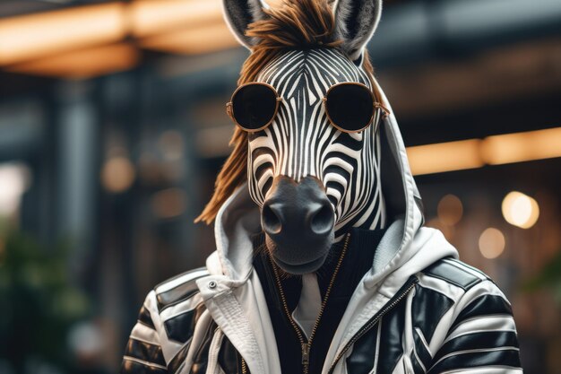 Photo a person wearing a zebra mask and sunglasses this image can be used for costume parties or as a quirky fashion statement