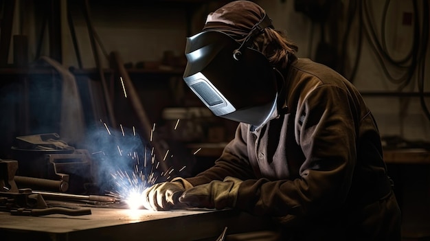 A person welder wearing a protective mask and gloves is welding a piece of metal.