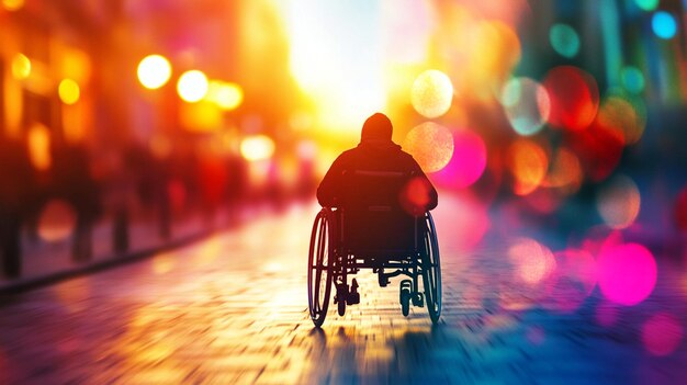 Photo a person in a wheelchair on a city street at night