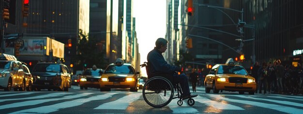 A person in a wheelchair crossing the road urban planning for disabled people independence