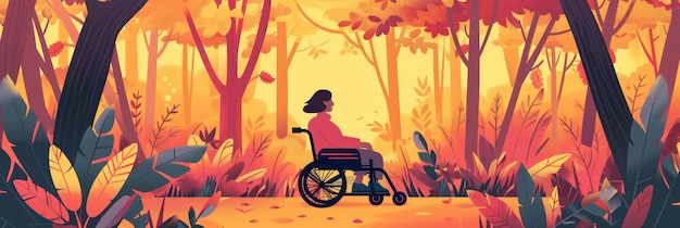 Person in wheelchair enjoys botanical garden with autumn trees gray sky minimalist illustration of