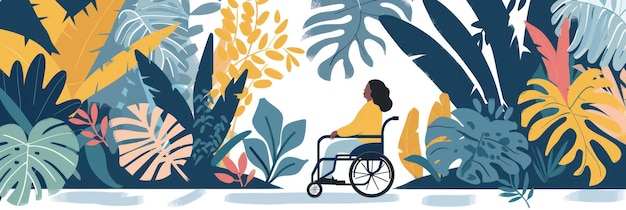 Person in wheelchair enjoys tropical garden with colorful flowers plants bariatric electric