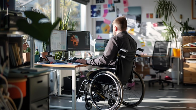 a person in a wheelchair sits at a desk with a computer and a computer monitor