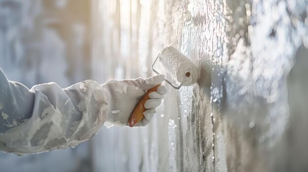 Photo a person in white gloves is painting a wall