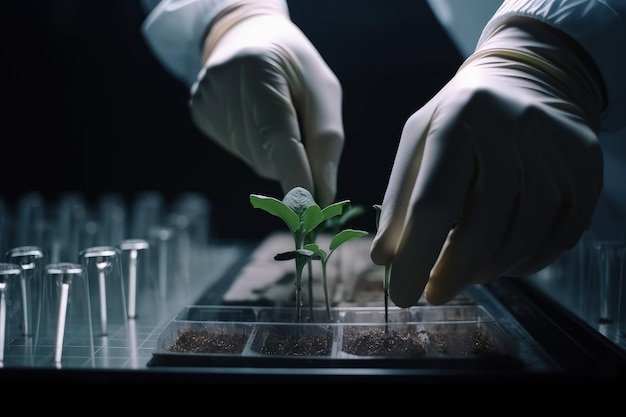 A person in white gloves putting a plant in a container generative AI