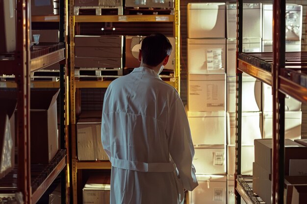 Photo a person in a white lab coat stands among organized shelves in a dimly lit storage room suggesting focus and precision in their work environment