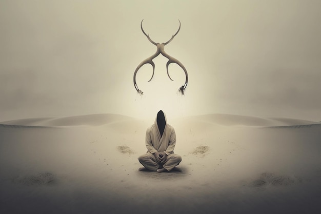 A person in a white robe meditating in the sand with two horns above them.