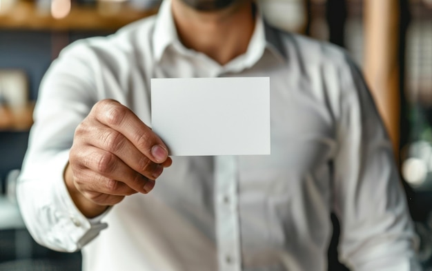 Person in a white shirt holding a blank white card Closeup photography with focus on the card