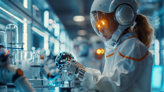 a person in a white suit is working on a robot with a robot in the background