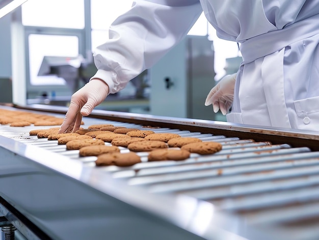 Photo a person in a white uniform is working on a conveyor belt with cookies