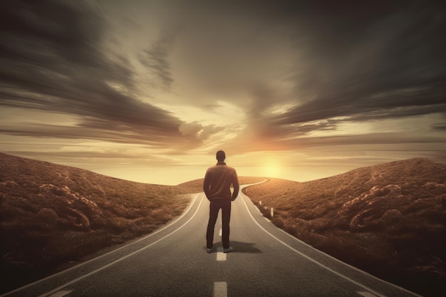 Person on the Winding Road to Success Amidst Blurred Nature Background