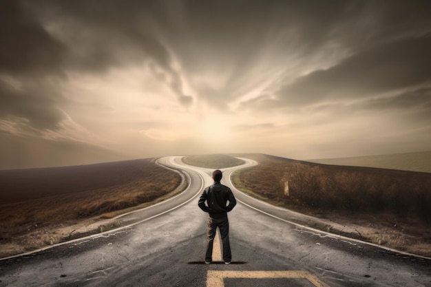 Person on the Winding Road to Success Amidst Blurred Nature Background