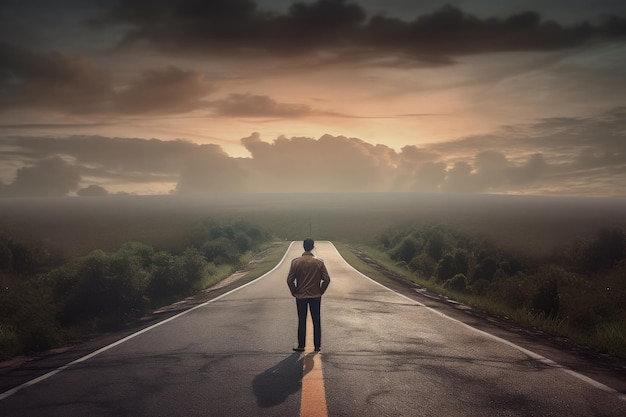 Person on the Winding Road to Success Amidst Blurred Nature Background