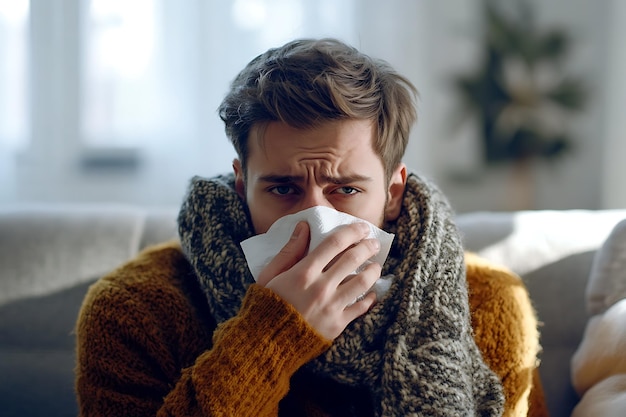 Photo a person wiping their nose with a tissue visibly suffering from a runny nose