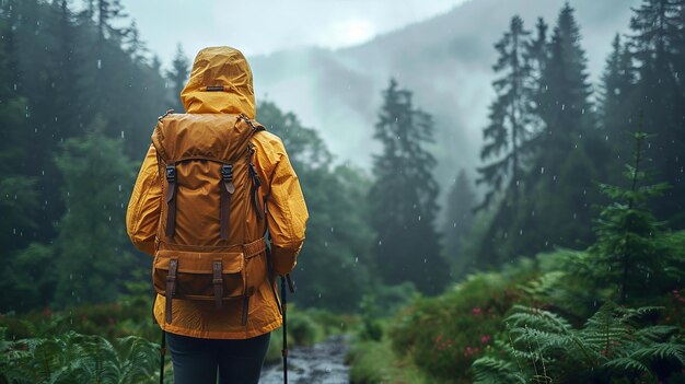 a person with a backpack is walking in the rain