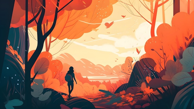 Person with backpack is walking through forest with sunset in the background Generative AI